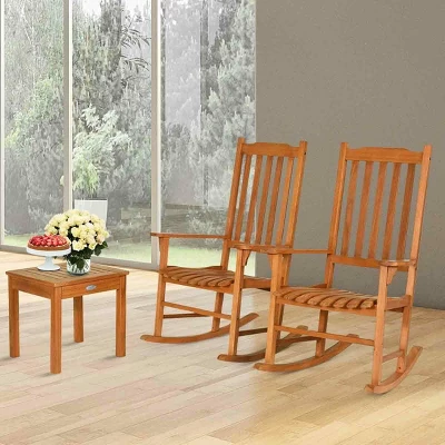 Costway 3 PCS Eucalyptus Rocking Chair Set W/ Coffee Table 2 Wood Conversation Chairs - Image 3