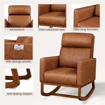 Yaheetech Faux Leather Upholstered Rocking Chair With Rubberwood Legs Brown - Image 3