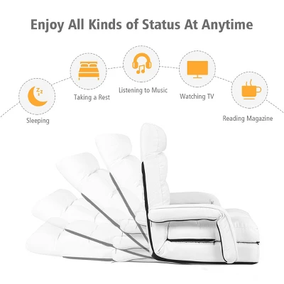 Costway Folding Floor Armchair W/6-position Adjustable Back & Lumbar Pillow White - Image 3