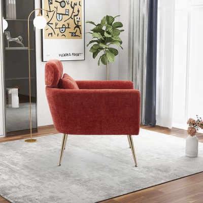29.5" Modern Chenille Accent Armchair With Gold Metal Legs And Throw Pillow - ModernLuxe - Image 2