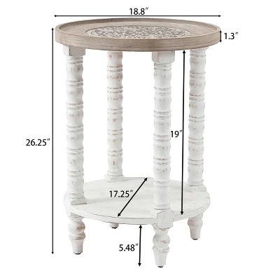 LuxenHome White And Natural Wood Round Accent Side Table With Storage. - Image 8