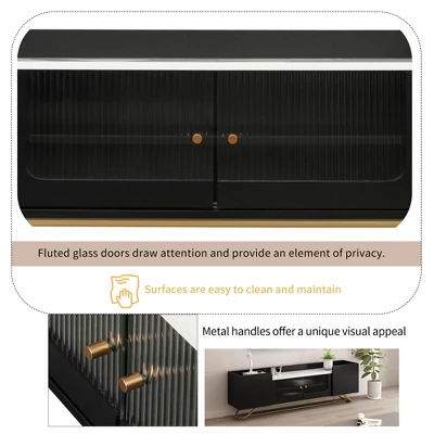 Stylish Design TV Stand For TVs Up To 65" With Fluted Glass, Cultured Marble Top And Gold Framed Base - ModernLuxe - Image 7