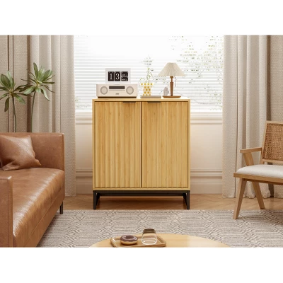 Aash 2-Doors Solid Bamboo Storage Cabinet,Farmhouse Storage Cabinet With 1 Adjustable Inner Shelves And Black Metal Legs-The Pop Home - Image 3