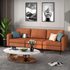 Costway Modular 3-Seat Sofa Couch W/ Socket USB Ports & Side Storage Pocket OrangeDark Grey