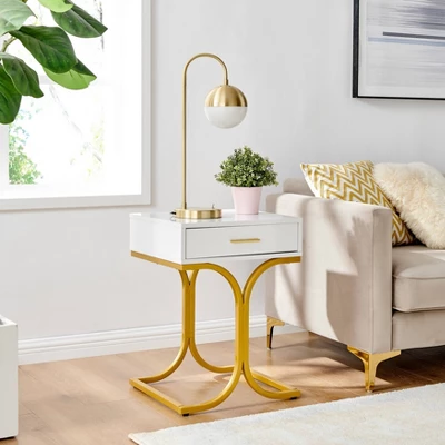 17.75" Rectangular Modern Glam Side Table With Drawer White/Gold - Danya B.