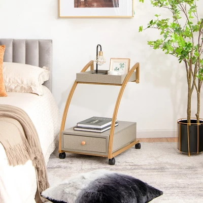 Costway Rolling End Table With Storage Drawer Tray Top 4 Casters Modern Bedside Trolley - Image 2