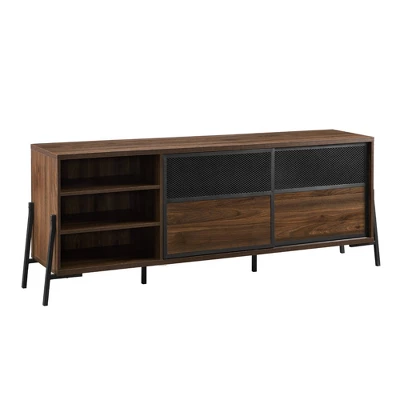 Modern Industrial Metal Mesh Sliding Door TV Stand For TVs Up To 80" Dark Walnut - Saracina Home - Image 3