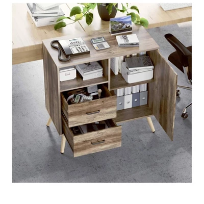 Year Color Rustic Storage Cabinet With 2 Drawers, Door, Shelf Accent, And Metal Base For Bedroom, Living Room, Entryway, And Home Office - Image 4