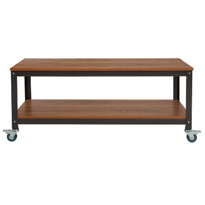 Flash Furniture Livingston Collection TV Stand In Brown Oak Wood Grain Finish With Metal Wheels - Image 2