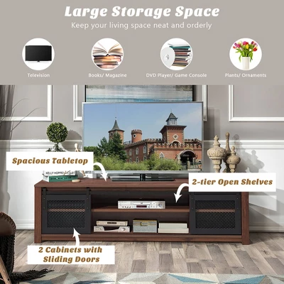 Costway TV Stand Entertainment Center For TV's Up To 65'' With Sliding Mesh Doors Walnut Black - Image 6