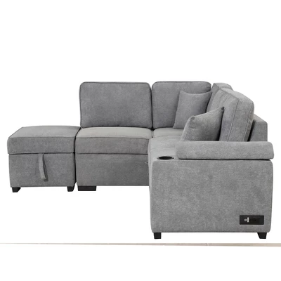 87.4" L Shape Sectional Sleeper Sofa Bed, 2 In 1 Pull Out Sofa Couch With Storage Ottoman, Cup Holder And USB Port-ModernLuxe - Image 10