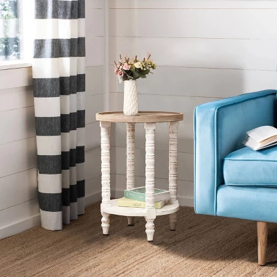 LuxenHome White And Natural Wood Round Accent Side Table With Storage. - Image 4