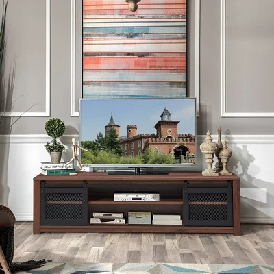 Costway TV Stand Entertainment Center For TV's Up To 65'' With Sliding Mesh Doors Walnut Black - Image 3