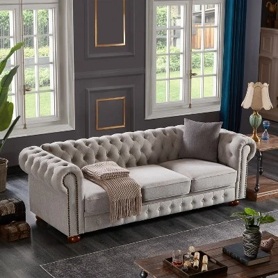 Chesterfield Linen Tufted Nailhead Upholstered Sofa With Wooden Legs - ModernLuxe - Image 2