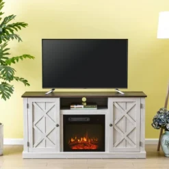 54" TV Stand For TVs Up To 60" With Electric Fireplace Saw Cut Off White - Home Essentials