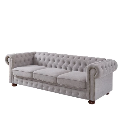 Chesterfield Linen Tufted Nailhead Upholstered Sofa With Wooden Legs - ModernLuxe - Image 5