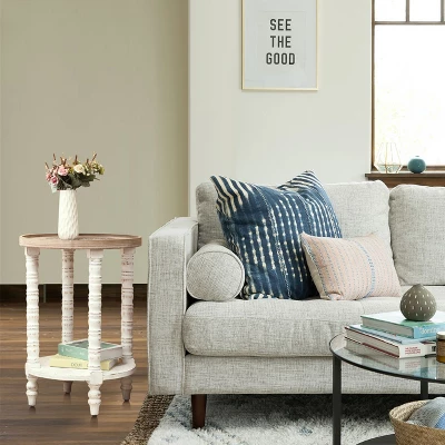 LuxenHome White And Natural Wood Round Accent Side Table With Storage. - Image 3