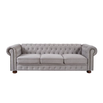 Chesterfield Linen Tufted Nailhead Upholstered Sofa With Wooden Legs - ModernLuxe - Image 6