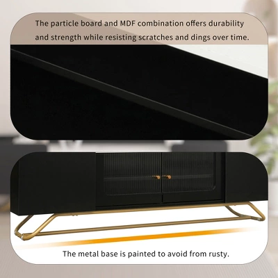 Stylish Design TV Stand For TVs Up To 65" With Fluted Glass, Cultured Marble Top And Gold Framed Base - ModernLuxe - Image 9