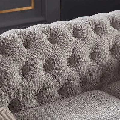 Chesterfield Linen Tufted Nailhead Upholstered Sofa With Wooden Legs - ModernLuxe - Image 7