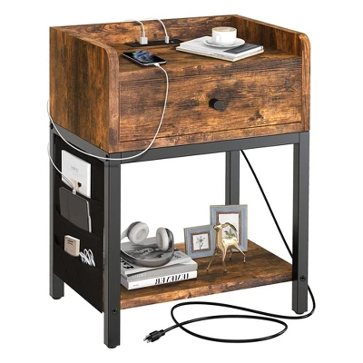FABATO End Table And Nightstand W/ USB Charging Station And Power Supply Cord For Living Rooms And Bedrooms, Side Storage Bag Included, Rustic Brown - Image 2