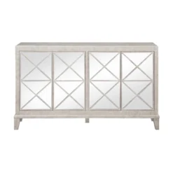 Simple Contemporary Style 4 Door Credenza With Mirrored Door Fronts Metallic Finish White - Treasure Trove