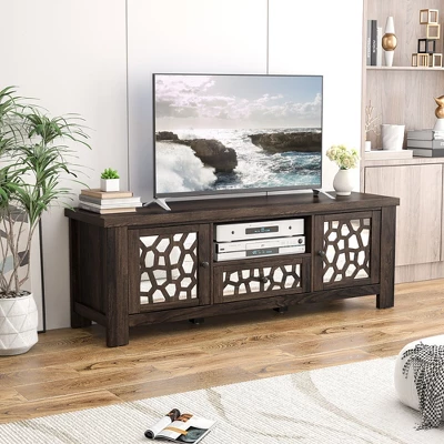 Tangkula 55" Retro TV Stand Media Entertainment Center W/ Mirror Doors & Drawer Brown - Image 8