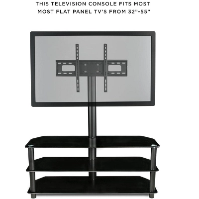 Mount-It! Floor Standing TV Stand W/ 3 Tiered Tempered Glass Equipment Shelves | Entertainment Center W/ Glass Shelves & Flat Screen Mounting Bracket