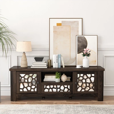 Tangkula 55" Retro TV Stand Media Entertainment Center W/ Mirror Doors & Drawer Brown - Image 9