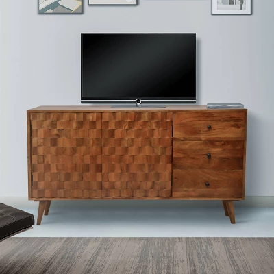 2 Door Honeycomb Design Wooden TV Console With 3 Drawers Walnut Brown - The Urban Port - Image 5