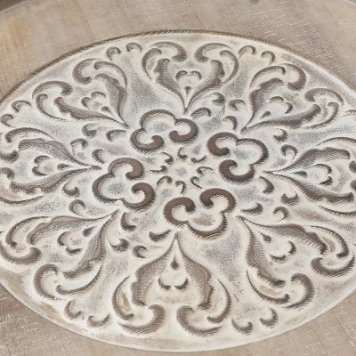 LuxenHome White And Natural Wood Round Accent Side Table With Storage. - Image 5