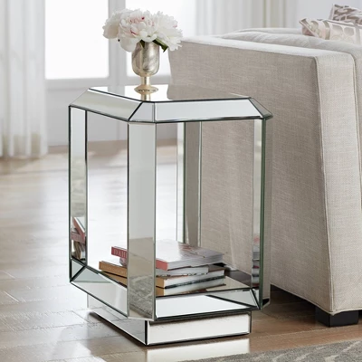 Studio 55D Modern Mirrored Rectangular Accent Side End Table 21" X 16" With Open Shelf Beveled For Living Room Bedroom Bedside