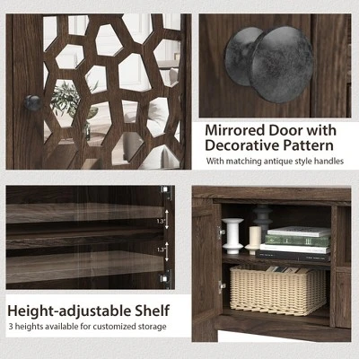 Tangkula 55" Retro TV Stand Media Entertainment Center W/ Mirror Doors & Drawer Brown - Image 7