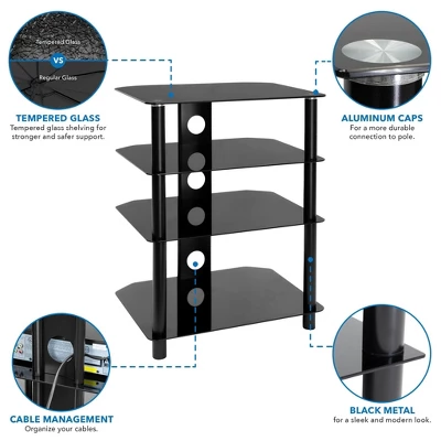 Mount-It! AV Component Media Stand, Audio Tower And Media Center With 4 Tempered Glass Shelves, 88 Lbs. Capacity, Black Silk
