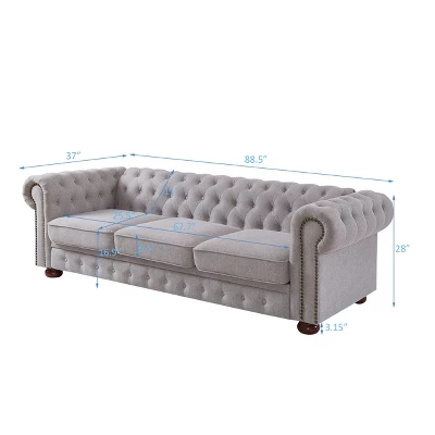 Chesterfield Linen Tufted Nailhead Upholstered Sofa With Wooden Legs - ModernLuxe - Image 4