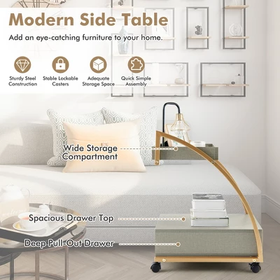 Costway Rolling End Table With Storage Drawer Tray Top 4 Casters Modern Bedside Trolley - Image 6