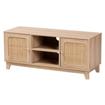 Elsbeth Wood And Natural Rattan 2 Door TV Stand For TVs Up To 40" Light Brown/Natural Brown - Baxton Studio - Image 3
