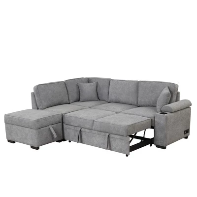 87.4" L Shape Sectional Sleeper Sofa Bed, 2 In 1 Pull Out Sofa Couch With Storage Ottoman, Cup Holder And USB Port-ModernLuxe - Image 9