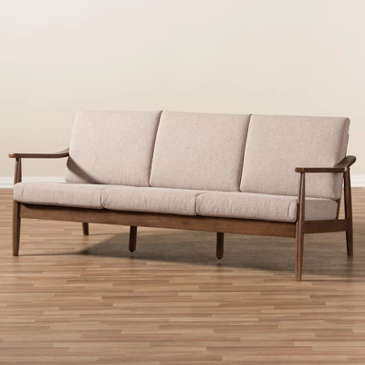 Venza Mid-Modern Walnut Wood Fabric Upholstered 3 Seater Sofa Light Brown - Baxton Studio - Image 7