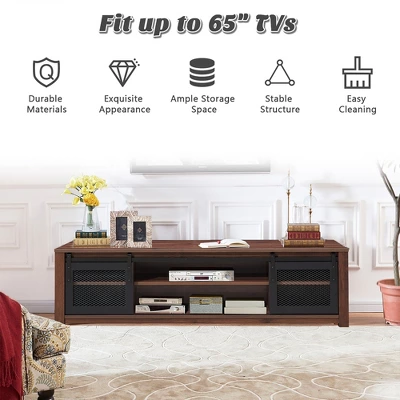 Costway TV Stand Entertainment Center For TV's Up To 65'' With Sliding Mesh Doors Walnut Black - Image 5