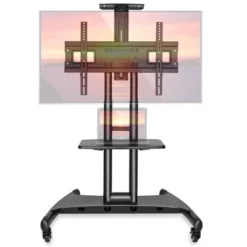 Mount Factory Rolling TV Cart Mobile TV Stand For 40-65 Inch Flat Screen, LED, LCD, OLED, Plasma, Curved TV's - Universal Mount With Wheels