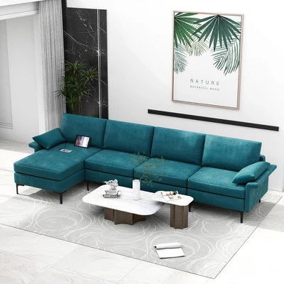 Costway Modern Modular L-shaped Sectional Sofa W/ Reversible Chaise & 4 USB Ports