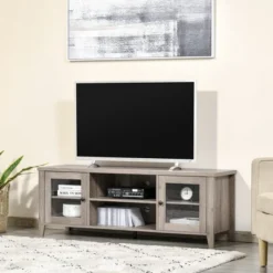 HOMCOM Modern TV Stand, Entertainment Center With Shelves And Cabinets For Flatscreen TVs Up To 60" For Bedroom, Living Room, Gray Wash