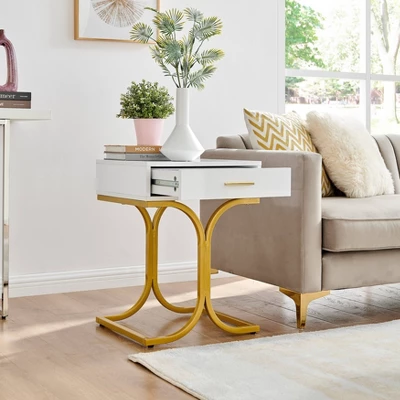 17.75" Rectangular Modern Glam Side Table With Drawer White/Gold - Danya B. - Image 8