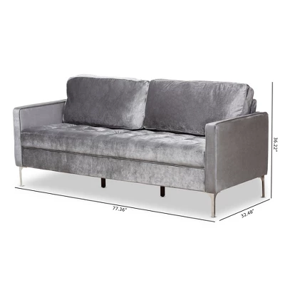Baxton Studio Clara Velvet Fabric Upholstered 3 Seater Sofa Gray - BaxtonStudio - Image 2