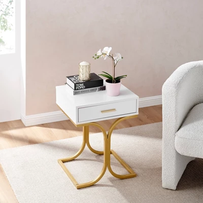 17.75" Rectangular Modern Glam Side Table With Drawer White/Gold - Danya B. - Image 5