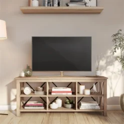 58" Open Back TV Stand In White Oak Wood With Metal Black Accents - Henn&Hart