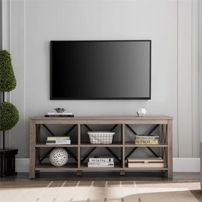 58" Open Back TV Stand In Gray Oak Wood With Metal Black Accents - Henn&Hart - Image 3