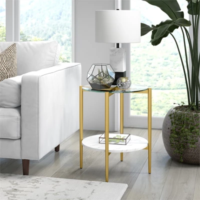 Gold Finish Side Table With Faux Marble Shelf - Henn&Hart - Image 7