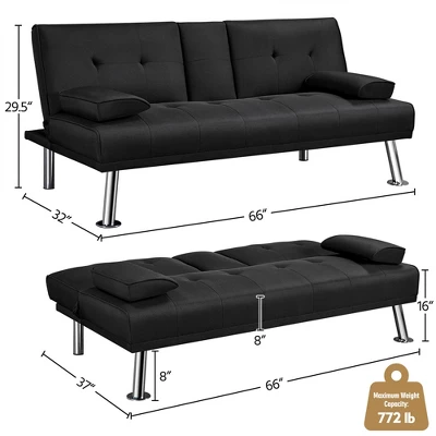 Yaheetech Convertible Futon Sofa Bed Tufted Fabric Futon With Cupholders And Pillows - Image 2